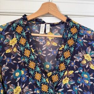 Anthropologie Navy Floral Blouse with Yellow and Teal Accents
